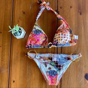 Luli Fama rare Paisley Print Bikini w/ gold rings